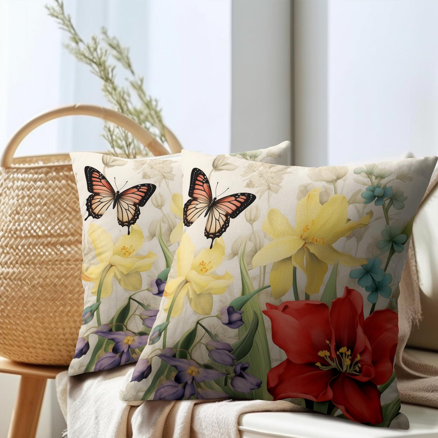 Spring Summer Flower Outdoor Decorative Pillow Covers 18x18 Inch Set of 2 Floral Butterfly Throw Pillows Spring Farmhouse Pillowcases Cotton Linen Cushion Covers for Couch Bed Sofa Chair Home Decor