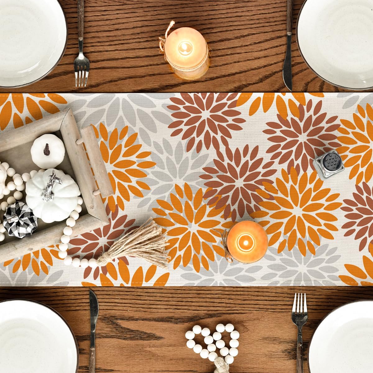 Orange Dahlia Floral Pinnata Fall Table Runner, Seasonal Autumn Thanksgiving Kitchen Dining Table Decoration for Home Party Decor 13x72 Inch
