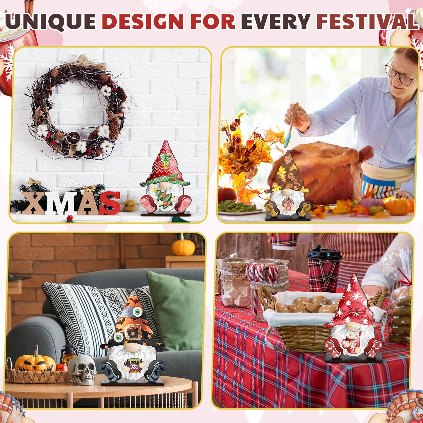 34 Pcs Christmas Interchangeable Wooden Gnome Decor DIY Holiday Christmas Seasonal Tiered Tray Decoration Gnomes with Magnet Pieces Welcome Sign for Xmas Holiday Decorations (Vivid)