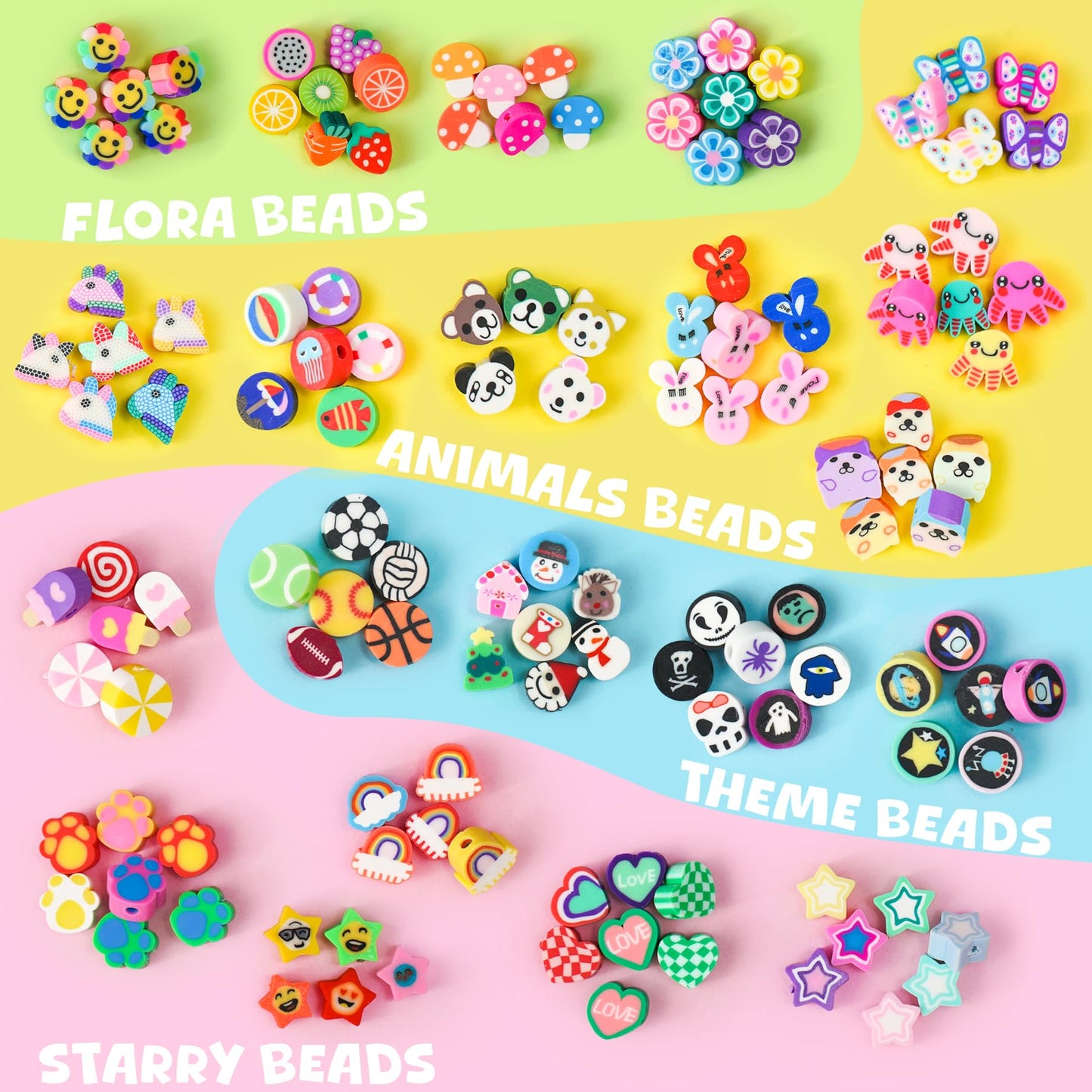 1200 Pcs Polymer Clay Beads Bracelet Making Kit, 25 Style Animal Fruit Flower Butterfly Bunny Pony Letter Beads Charms for Jewelry Making, DIY Art and Crafts Toys Gifts for 4+ Year Old Kids