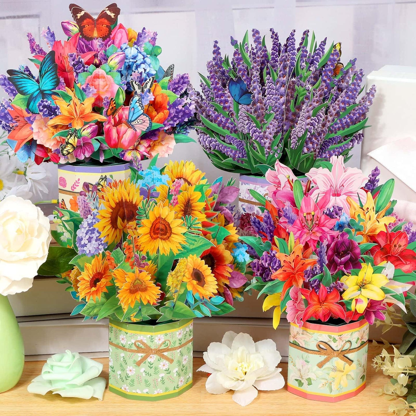 4Pack Paper Flower Pop Up Cards, Flower Bouquet Card Popup 3D Greeting Cards for Mother's Day, Graduation, Anniversary, Birthday, Congratulations, Get Well, Home Decor, with Envelope and Note