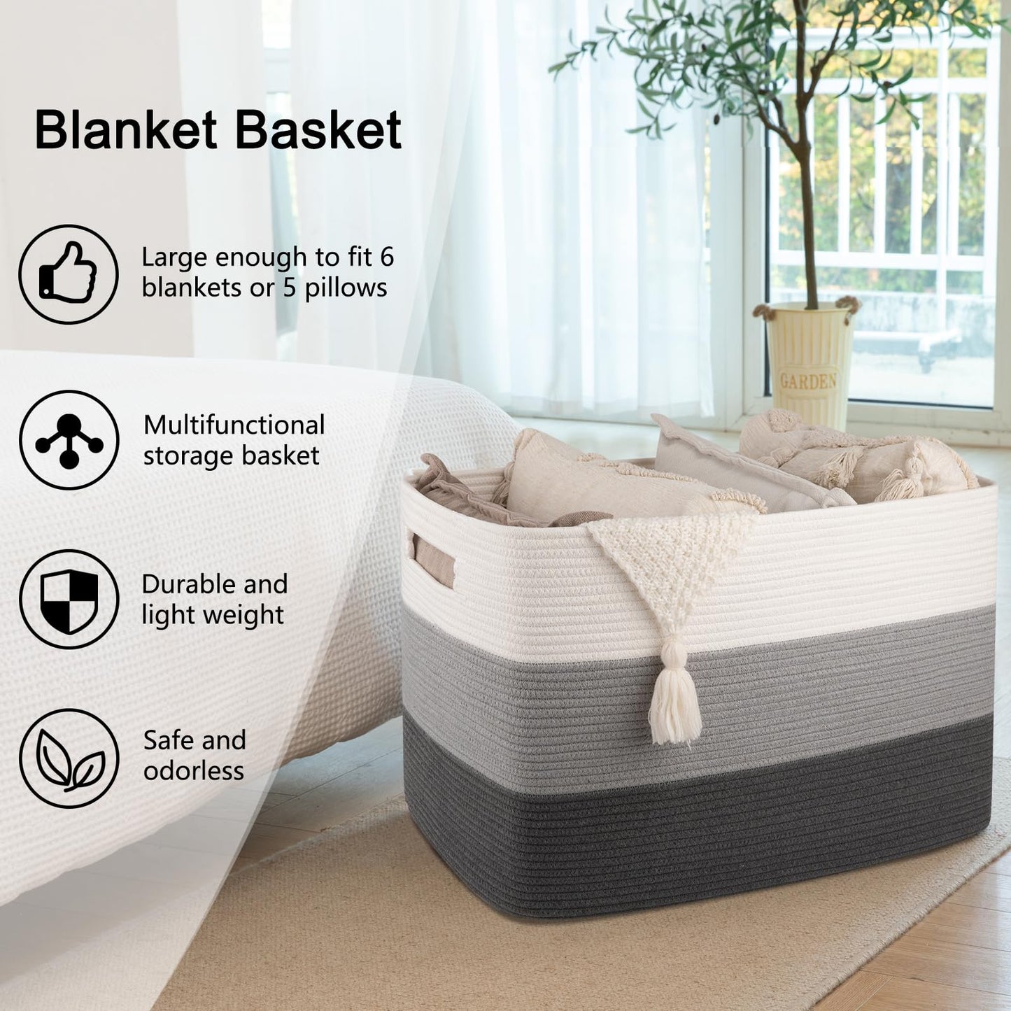 OIAHOMY 108L Super Large Blanket Basket, 25”x16”x16” Rectangle Woven Baskets for Storage, Cotton Rope Basket For Living Room, Toy Storage with Handle- Gradient Dark Grey