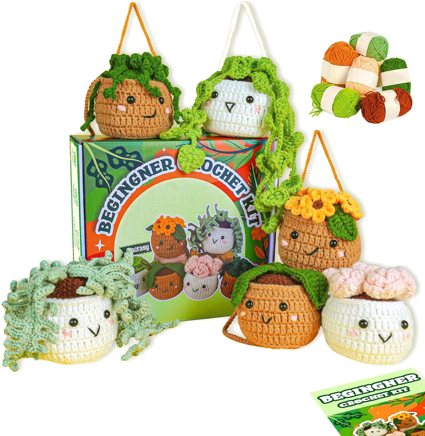 Imcrasy Crochet Kit for Beginners | 6 PC Cute Potted Plants With Step by Step Video Lessons | Complete Accessories (40%+ Yarn) | WhiteBrown