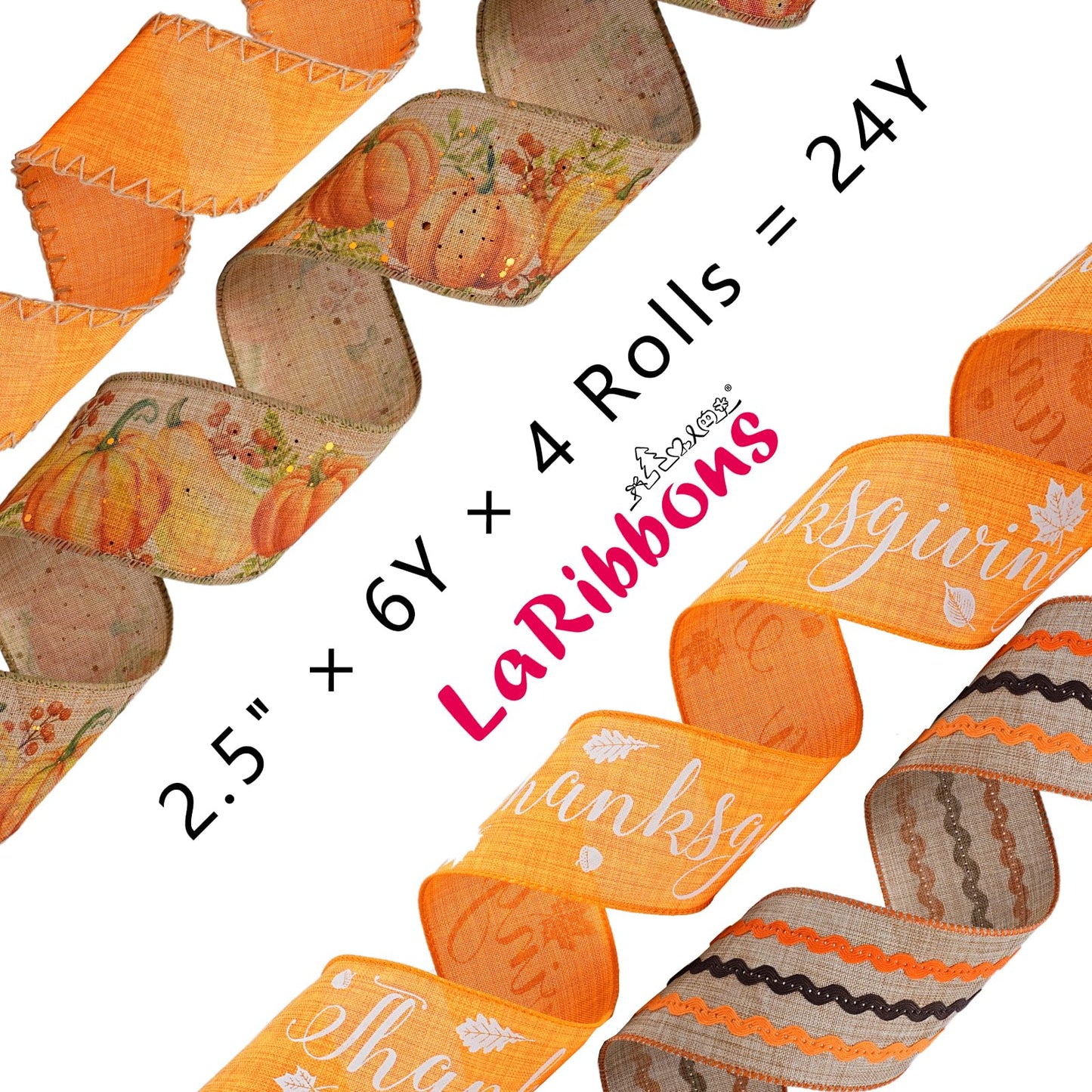 LaRibbons Fall Burlap Plaid Ribbon Wired 2 1/2" x 6 Yards 4 Rolls, Harvest Pumpkins Ribbon for Autumn Wreath Thanksgiving Christmas Farm Gift Wrapping Home Decor