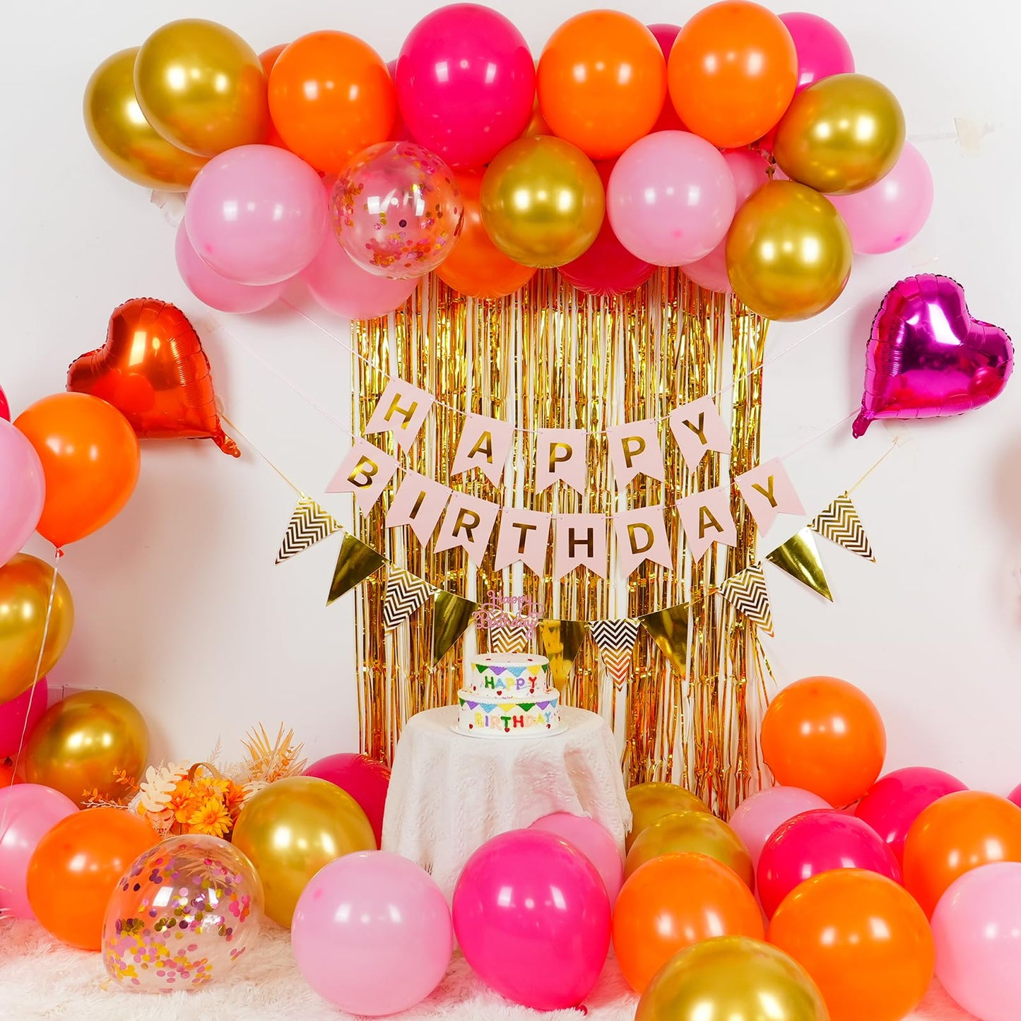 Pink Orange Party Decorations,Birthday Decorations with Hot Pink Orange Gold Balloons Happy Birthday Banner Fringe Curtain for Girls Women Teens Kids Party Decor