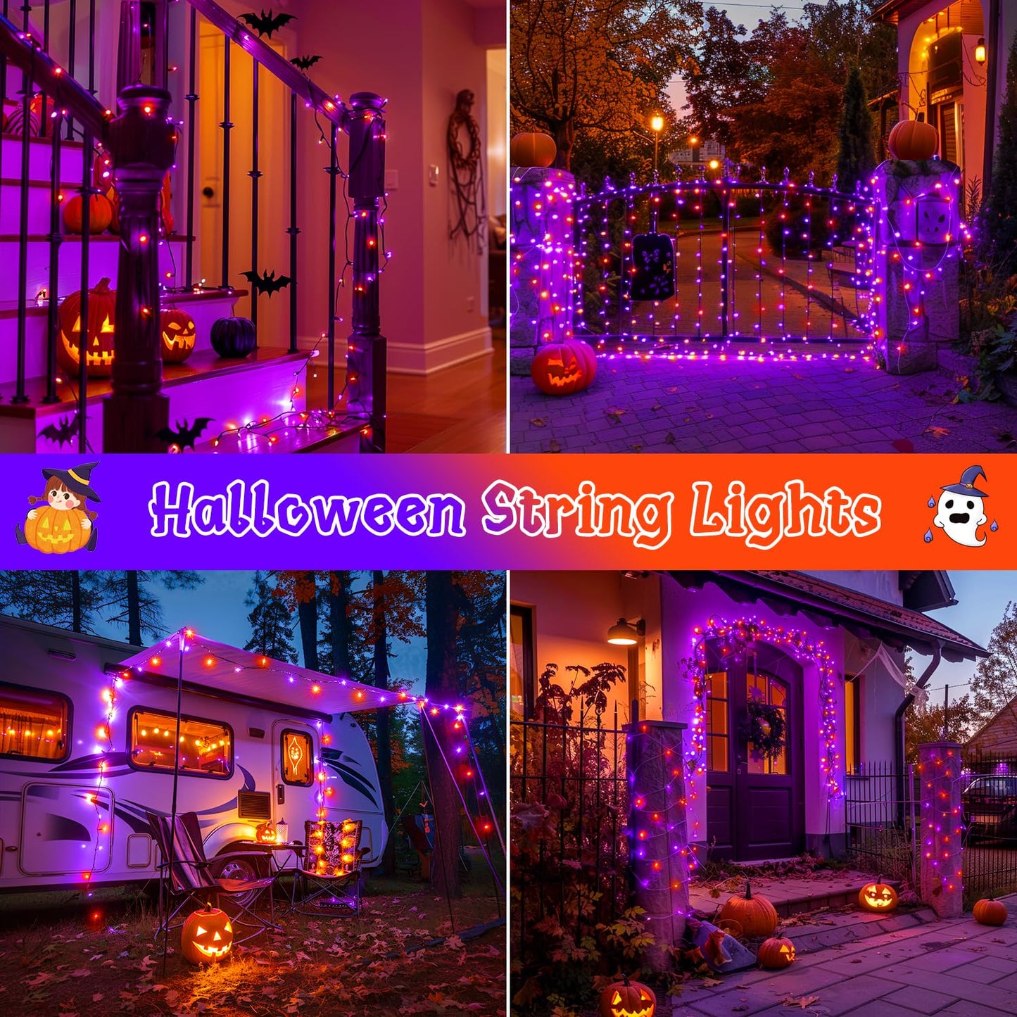 POTIVE 2 Pack Orange and Purple Halloween Lights, Total 151ft 400 LED Halloween Solar Lights Outdoor,8 Modes Solar String Lights Outdoor Waterproof