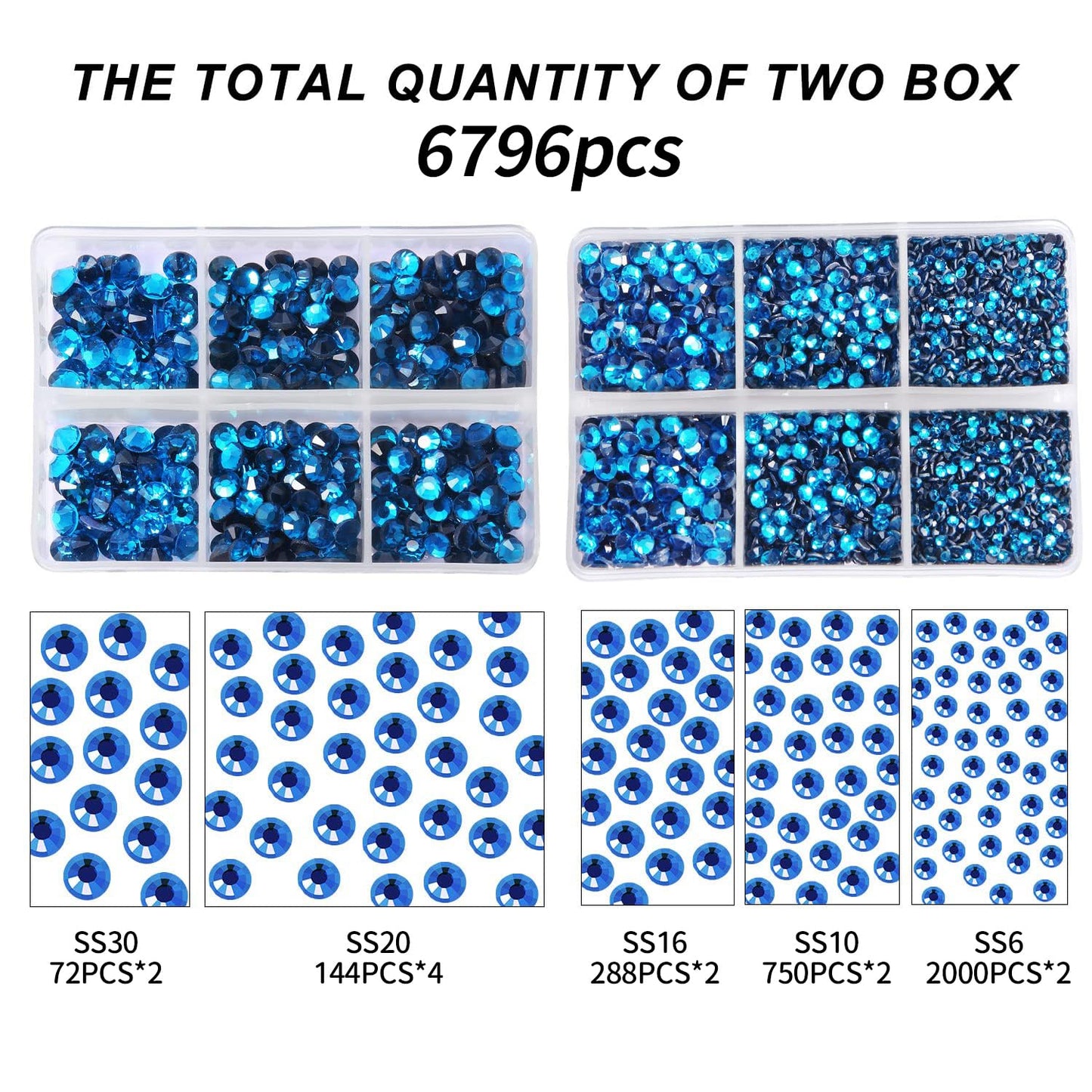 MEIBITE 6796PCS Aquamarine Hotfix Rhinestones Crystal Stones Glass for Fabric Clothes Shirts Sparkly Flat Back Round with Tweezers and Picking Pen (SS6~SS30 Set)