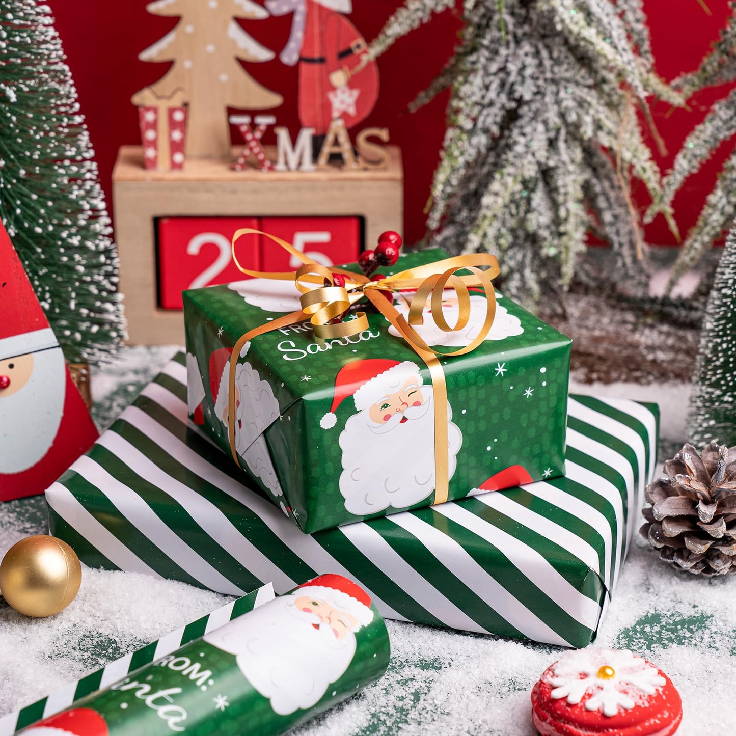 Reversible Christmas Wrapping Paper - Mini Roll - 17 Inch x 33 Feet - Green Santa Wrapping Paper and Stripe Perfect for Christmas, Holiday, Party Celebration