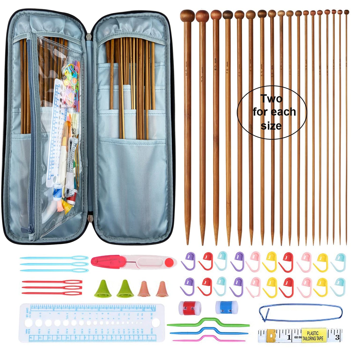 Bamboo Knitting Needle Set with Case 36pcs Straight Single Pointed Kniting Needles 13.5inch Length Sweater Needles for DIY Knitting Projects(2mm-10mm) Knitting Set with Accessories