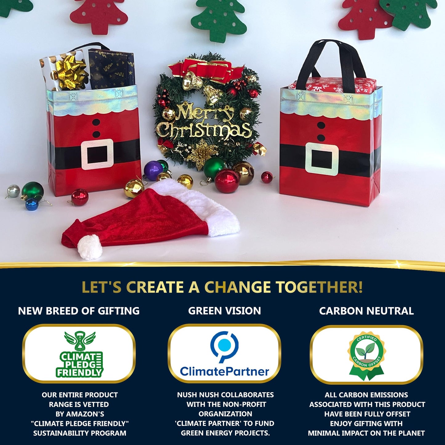 Nush Nush 12 Christmas Gift Bags Medium Size – Reusable Christmas Bags for Gifts With Handles and Holographic Santa Design - Perfect for Holiday Gifts, Presents,Goodies, Xmas Party Favors - 8 x4 x 10