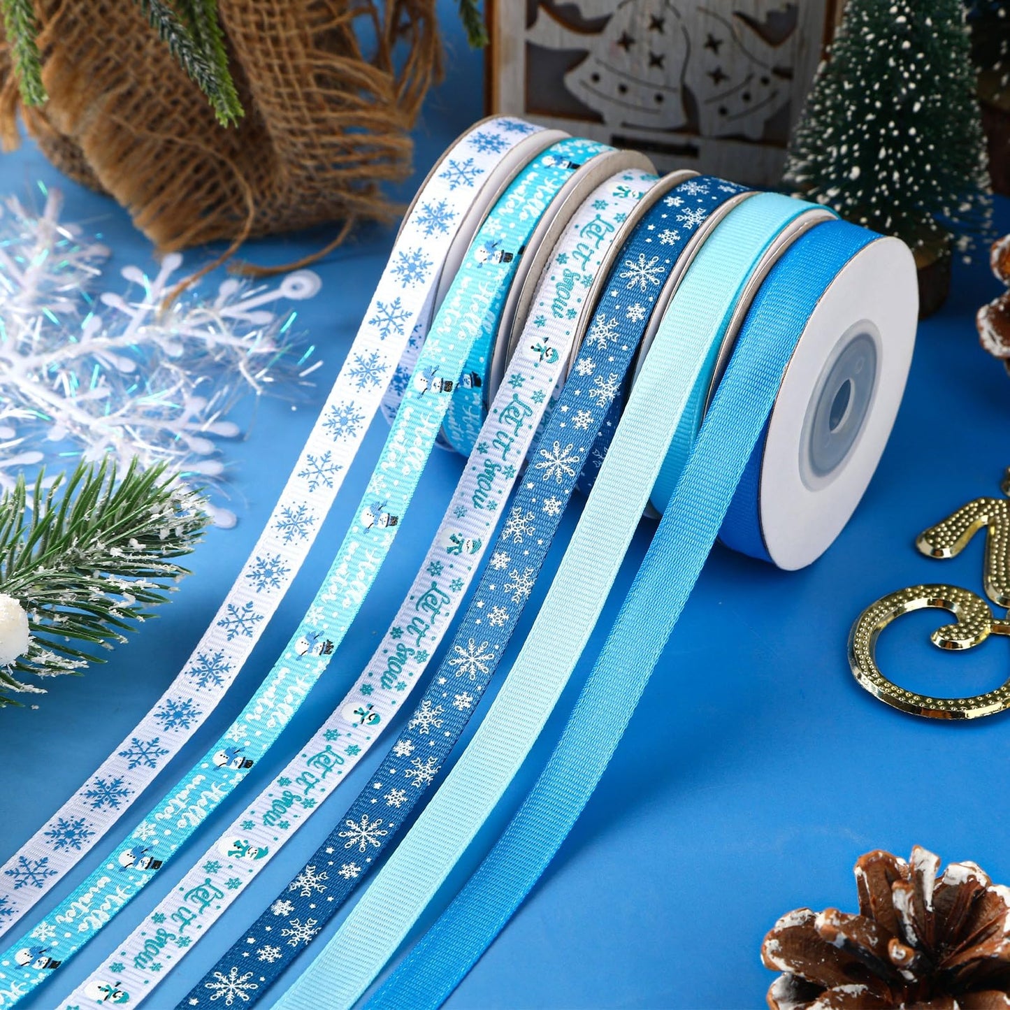 6 Rolls 60 Yards Winter Ribbons for Gift Wrapping, Holiday Xmas Grosgrain Ribbons 10mm Wide Blue White Snowflake Snowman Craft Ribbons for Christmas Tree Decoration Wreaths Bows Craft Supplies
