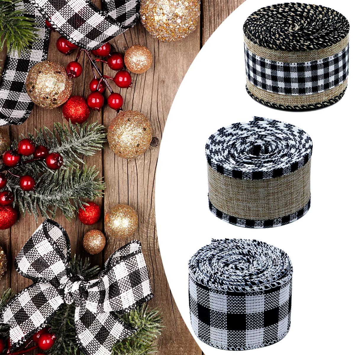 3 Rolls Christmas Buffalo Plaid Ribbon Wired Edge 9.9 Yard Plaid Burlap Ribbon Christmas Checked Burlap Ribbon for Christmas Tree Wrapping Crafts Decoration 1.5 inch Width(Black and White)
