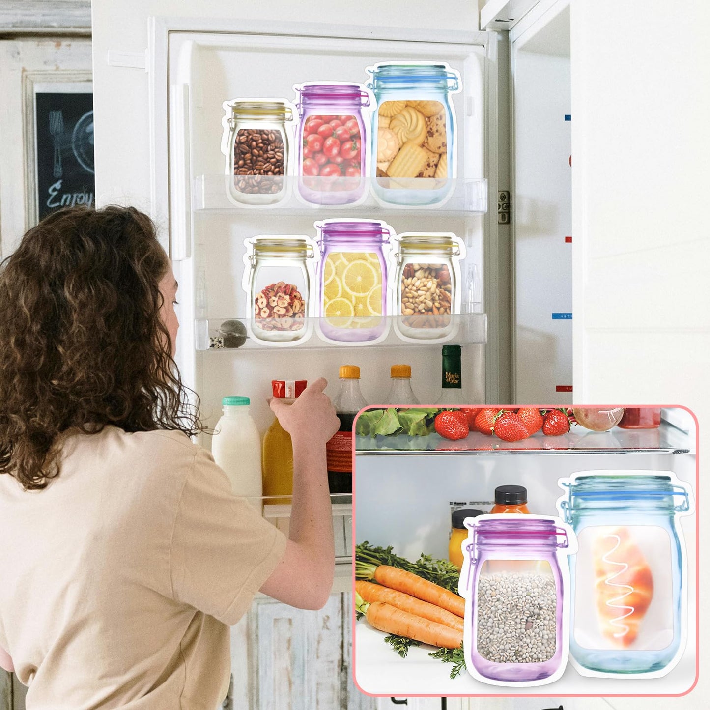 Fireboomoon 30 PCS Multi-Size Mason Jar Bottle Pattern Zipper Bags,Reusable Airtight Seal Leak-Proof Portable Food Snack Save Storage Pouch Bag for Travel Picnic Camping and Kids