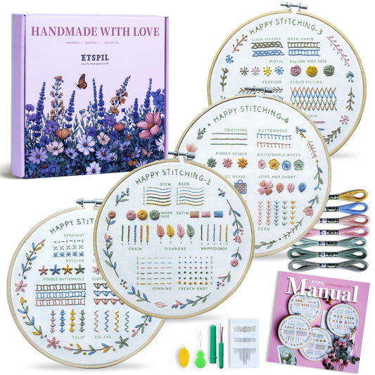 ETSPIL Beginner Embroidery Kit for Adults & Teens – 33 Stitches, Stamped Plant & Wreath Patterns, Hoop, Threads & Tools, Video & Manual Instructions, Easy & Fun DIY Gift for Craft Lovers