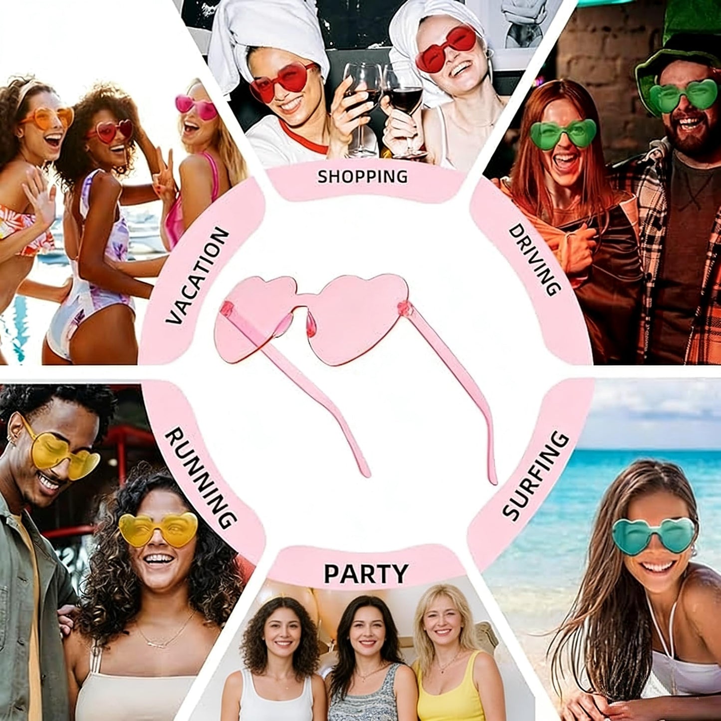Colrea 12 Pairs Heart Sunglasses for Women Men, Trendy Heart Shaped Rimless Transparent Sunglasses, Colorful Frameeless Glasses, Bachelorette Party Favors