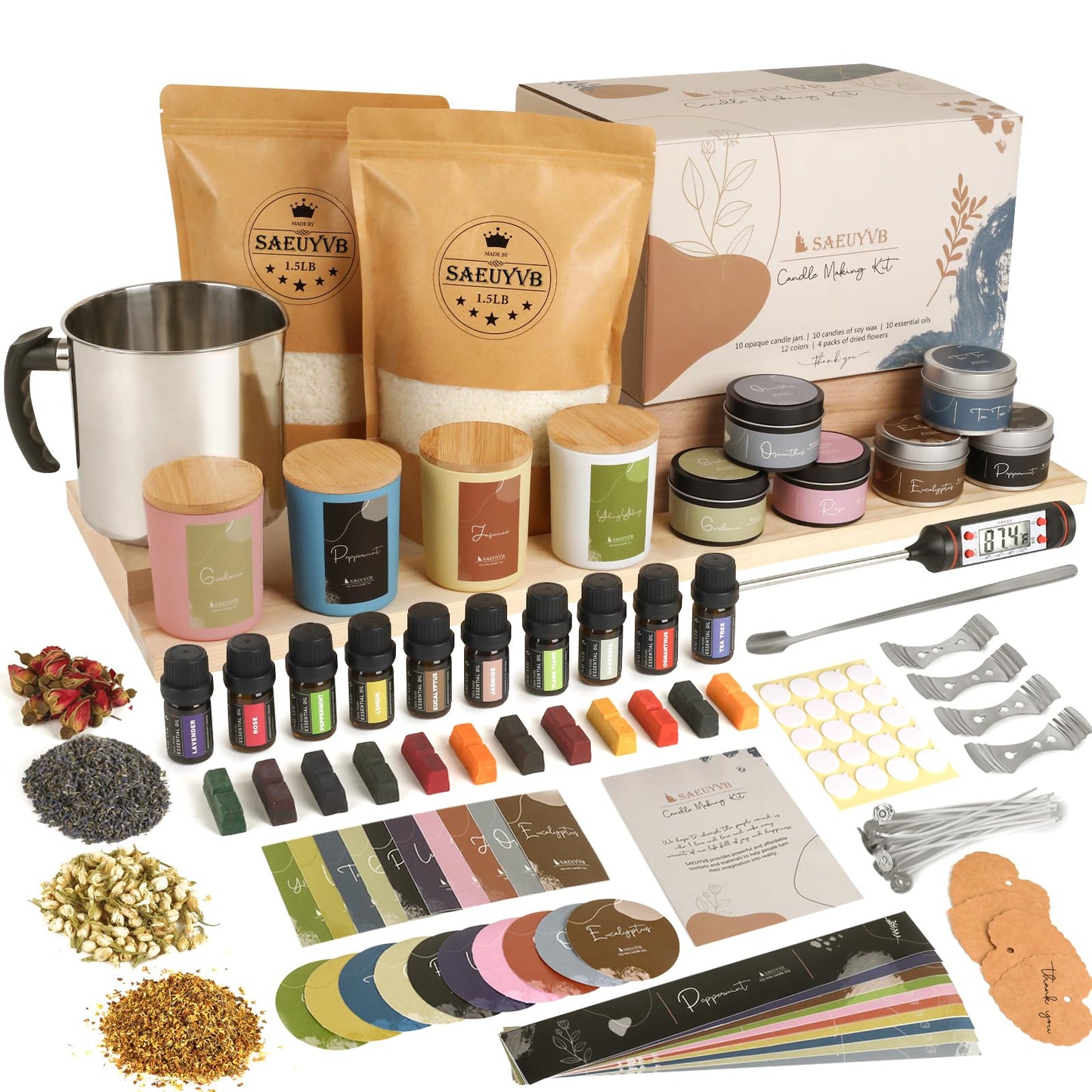 Candle Making Kit - DIY Starter Soy Candle Making Supplies/Kit - Soy Wax, 10 Jars & Tins, 10 Pleasant Scents, Color Dyes & More，Perfect Candle Making Kit for Adults
