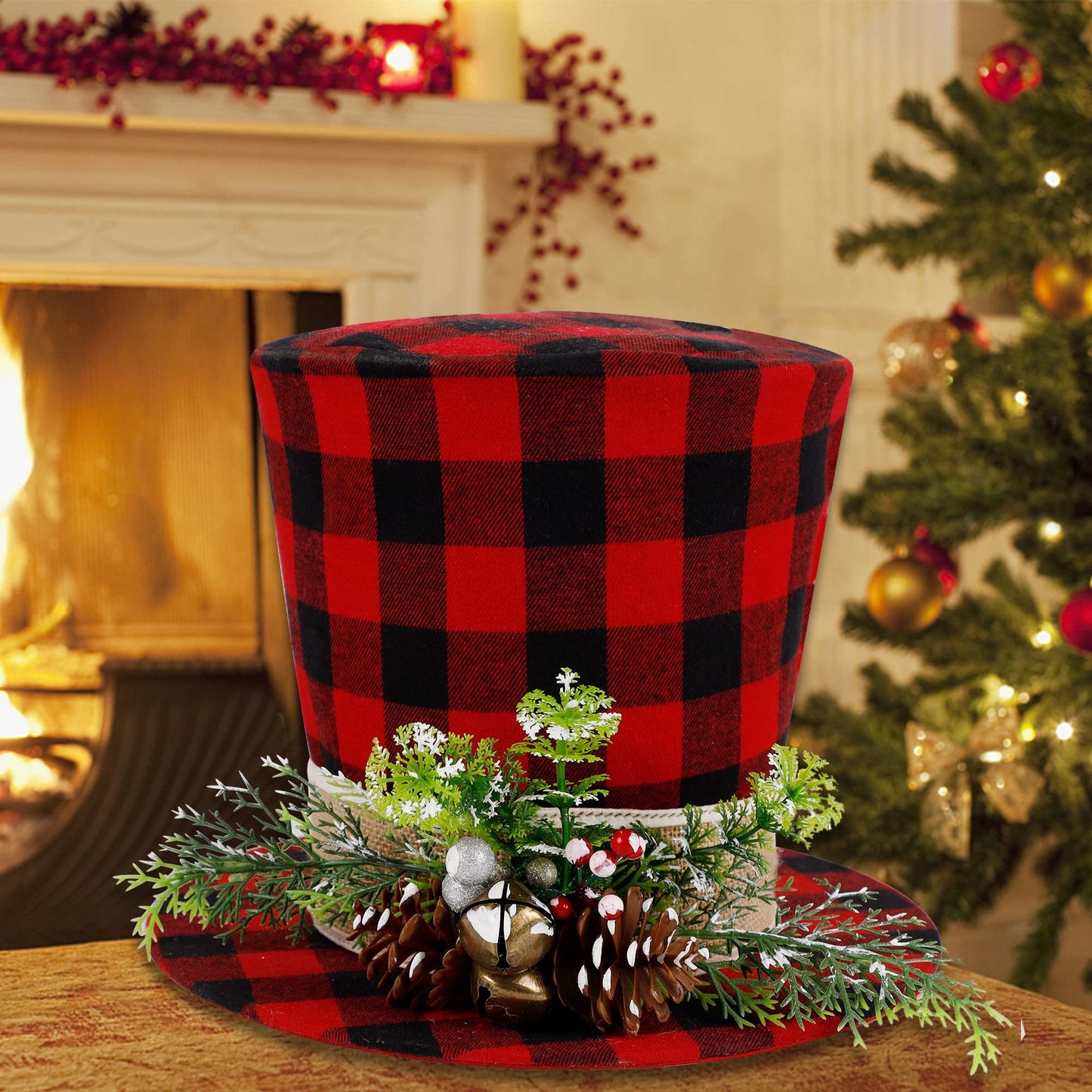 Prsildan Christmas Plaid Top Hat Tree Topper with Pine Cones, Berries, and Bells - Holiday Decor