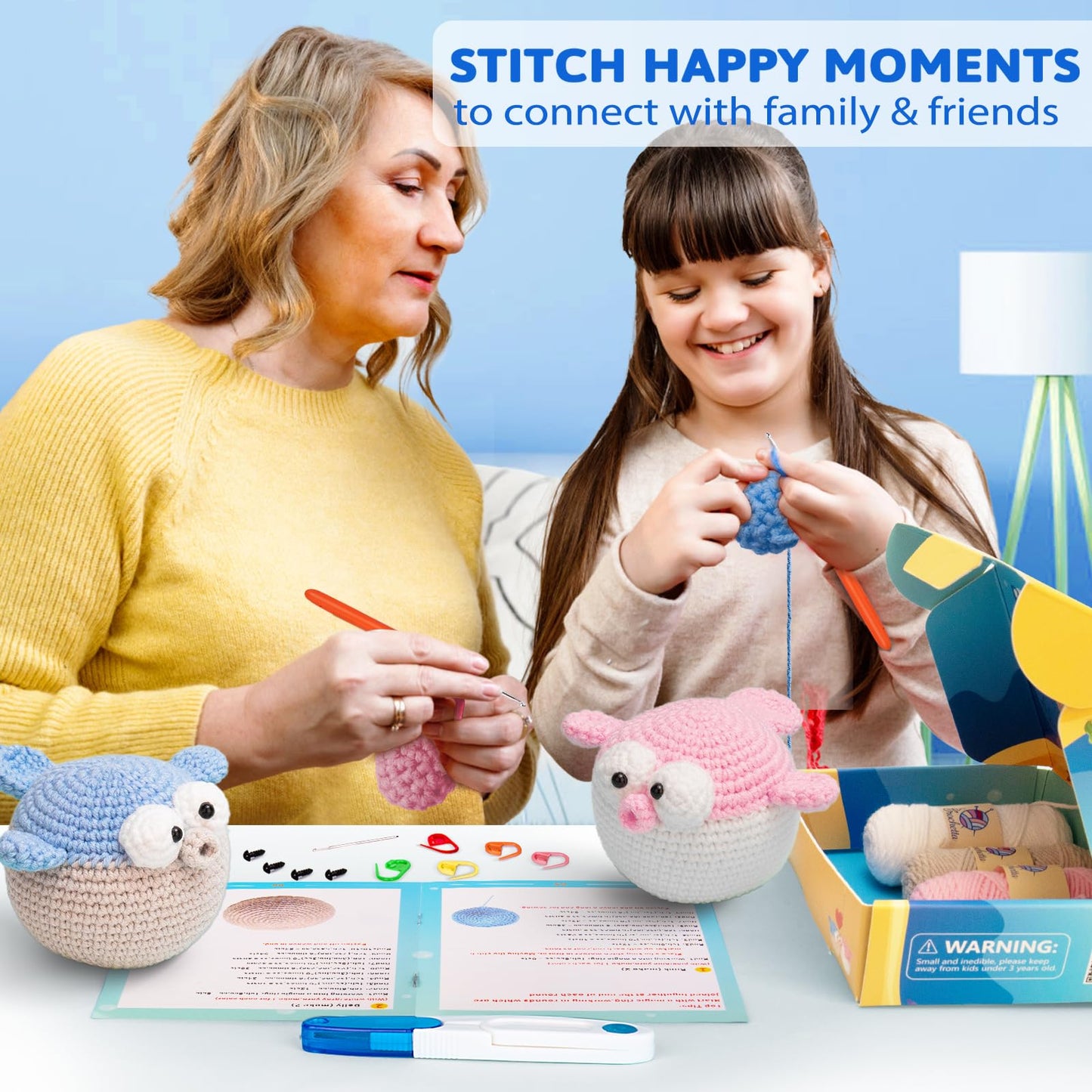 Crochetta Crochet Kit for Beginners, Beginner Crochet Starter Kit with Step-by-Step Video Tutorials, Learn to Crochet Kits for Adults and Kids, DIY Knitting Supplies, 2 Pack Pufferfish (40%+ Yarn)