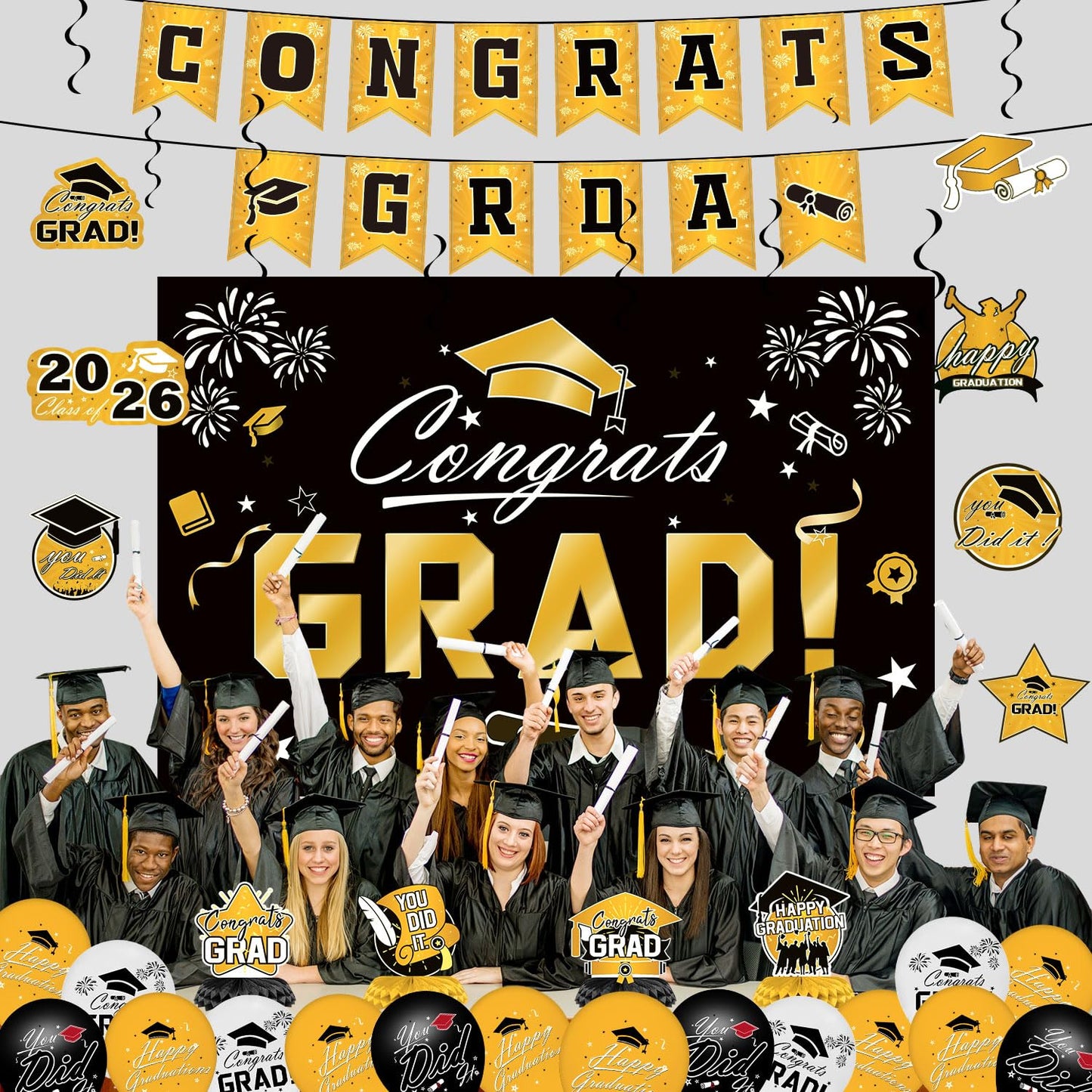 Graduation Decorations 2026 Set - Gold Themed Congrats Grad Banner, Backdrop, Hanging Swirls, Balloons - Complete Party Supplies for High School, College Graduation Decorations