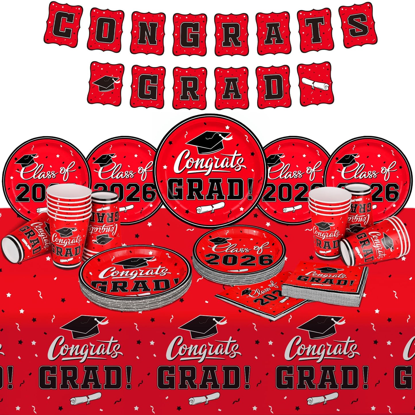 Graduation Decorations class of 2026 Gatherfun Congrats Grad Party Dinnerware Set Red Disposable Paper Plates Napkins Cups Tablecloth Banner for Graduation Decorations 2026 deals, Serve 25