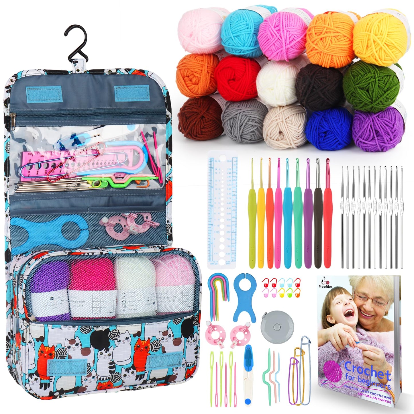 Crochet Kit for Beginners with 15 Colors Yarn and Introduction Book, 71pcs Crochet Starter Kit Everything for Adult, Learn to Crochet Kit with Soft Grip Crochet Hooks and Blue Cat Bag
