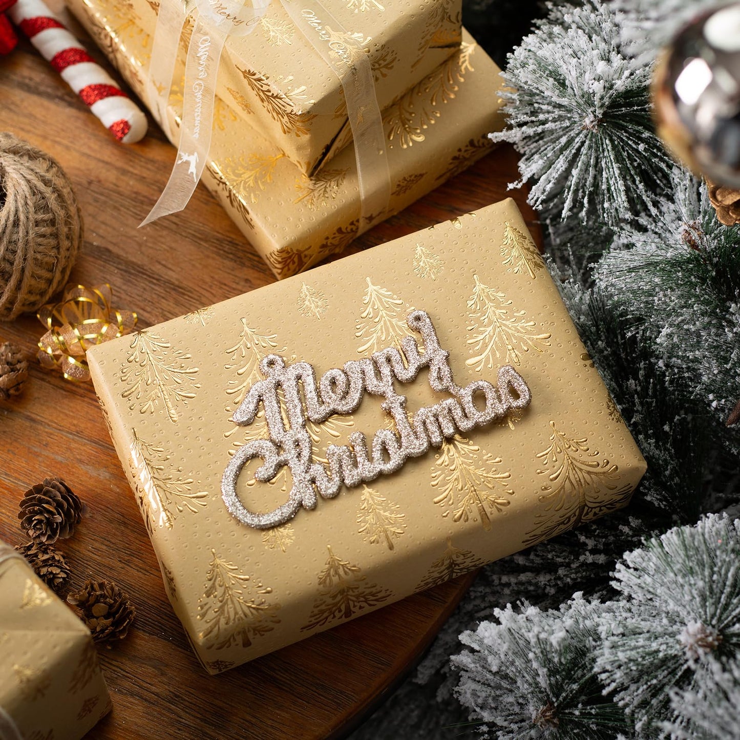 Kraft Christmas Wrapping Paper,Gold Lusury 3D Embossed Foil Christmas Trees Wrap Paper for Holiday, Party,Celebration, New Year (17 Inch X 32.8 Feet)