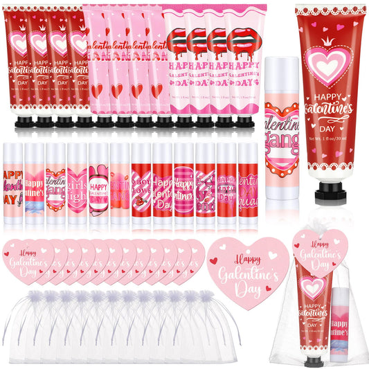 48 Pcs Galentine's Day Gifts Hand Cream and Lip Balm Bulk Set with Organza Bag Heart Happy Galentine's Day Card for Women Galentine Gift for Women Friends