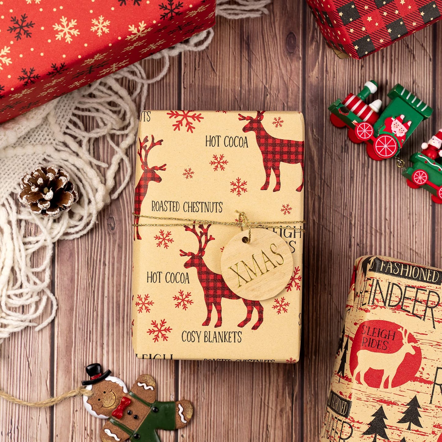Christmas Wrapping Paper, Kraft Paper - Red and Black Christmas Designs - 4 Rolls - 30 inches x 10 feet per Roll