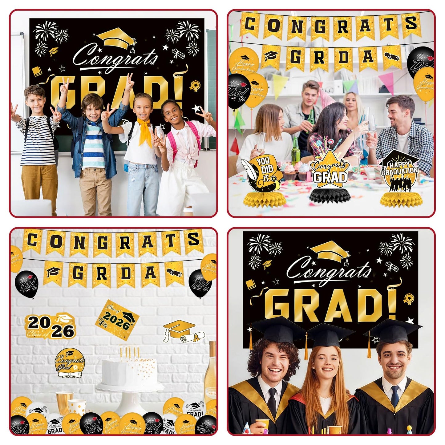 Graduation Decorations 2026 Set - Gold Themed Congrats Grad Banner, Backdrop, Hanging Swirls, Balloons - Complete Party Supplies for High School, College Graduation Decorations