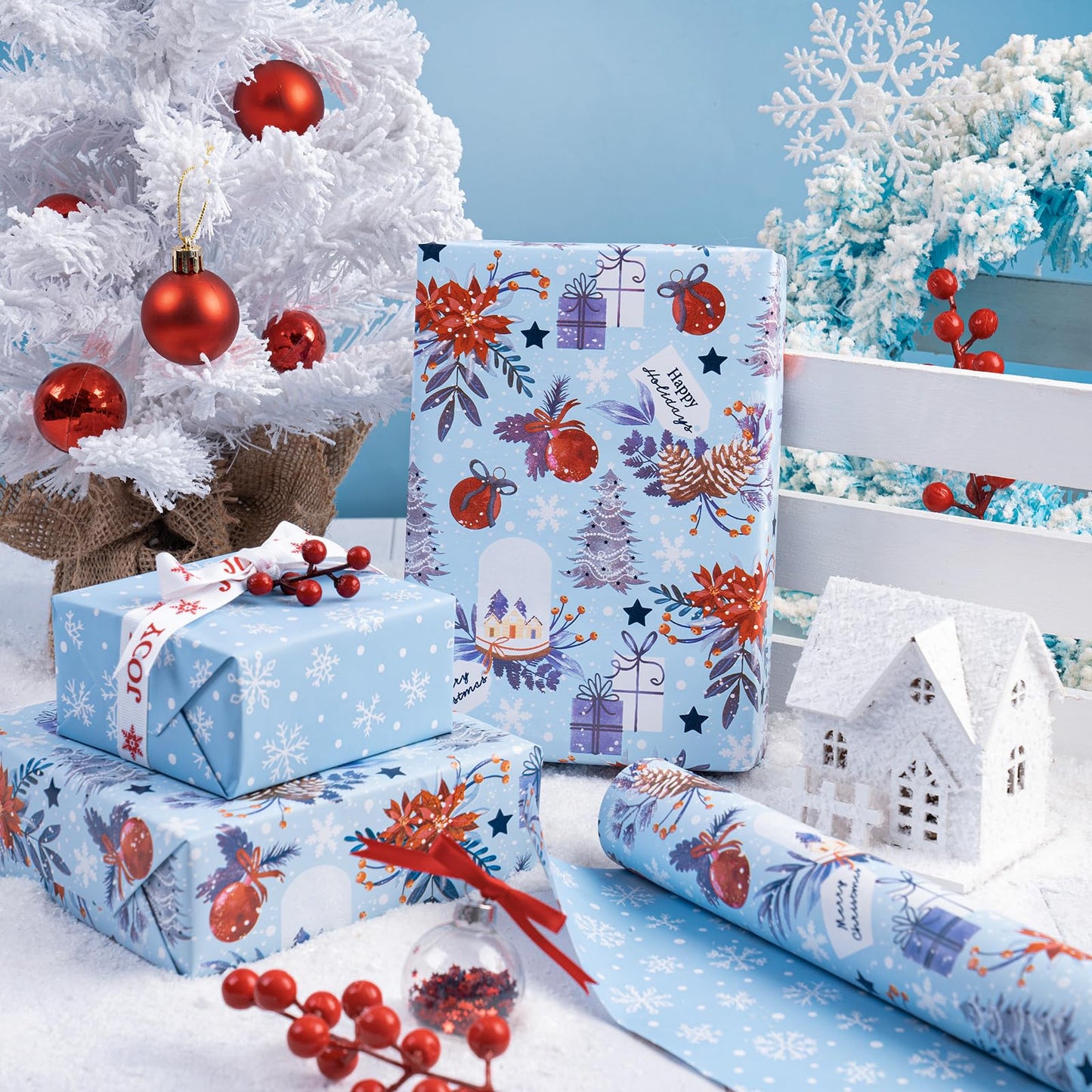 Reversible Christmas Wrapping Paper - Mini Roll - 17 Inch x 33 Feet - Red & Blue Snow Globe, Poinsettias and Snowflake Wrapping Paper for Xmas Holiday, Party Celebration