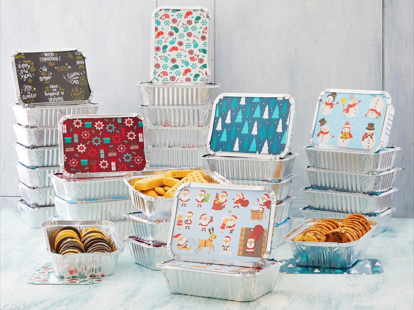 Set of 36 Christmas Treat Foil Containers - 6 Holiday Designs, Snowman & Santa Festive Cover Print - 7"L x 5"W x 1.5"D - Disposable Food Storage Pan for Party Leftovers or Cookie Exchange