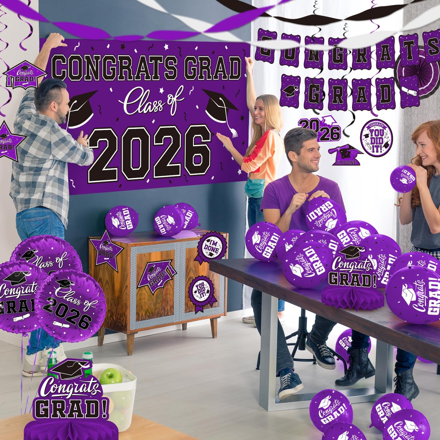 Purple Themed 2026 Graduation Decorations Set - Congrats Grad Banner, Class of 2026 Backdrop, Balloons & Streamers Kit - Complete Party Supplies for High School & College Celebrations