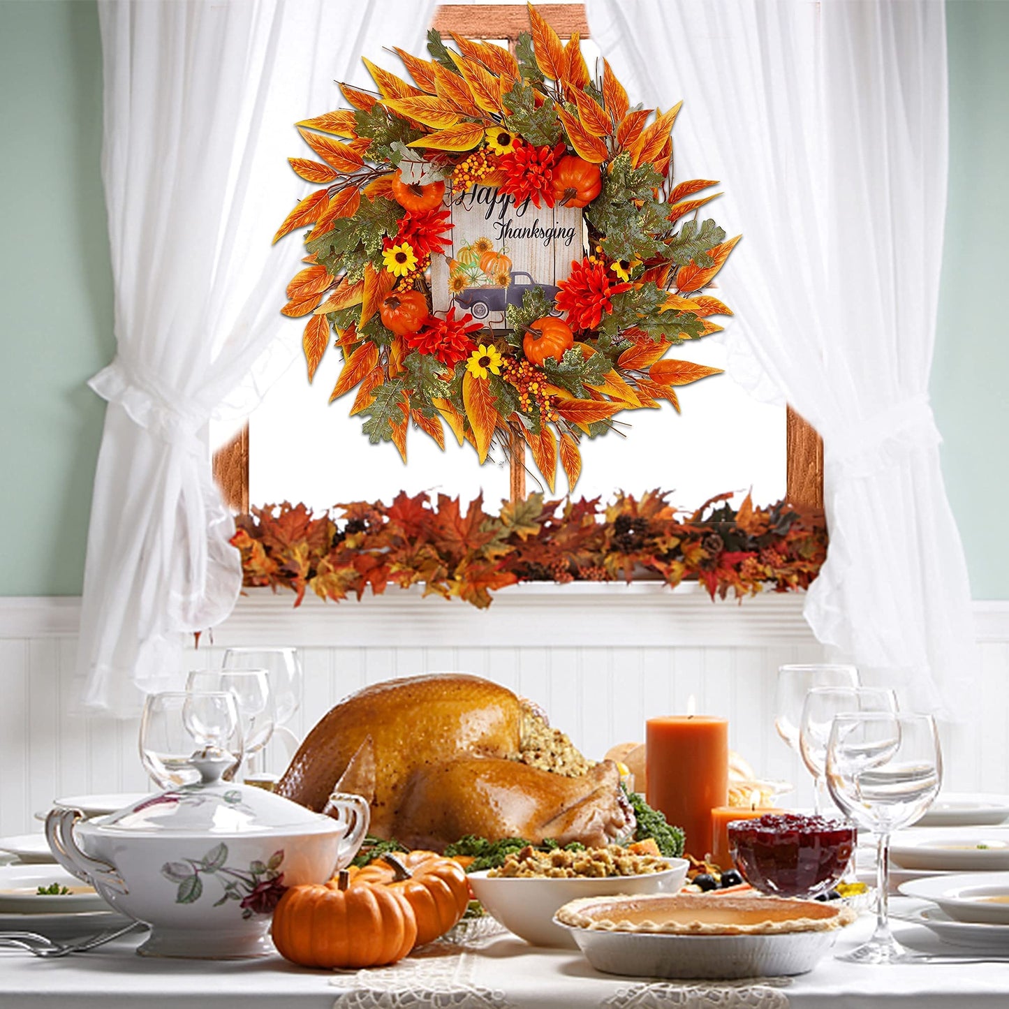 MAGGIFT Fall Wreath, 17 Inch Thanksgiving Wreaths for Front Door, with Artificial Maple Leaves, Sunflowers and Pumpkins, Ideal for Autumn Harvest Wall Indoor Outdoor Decorations