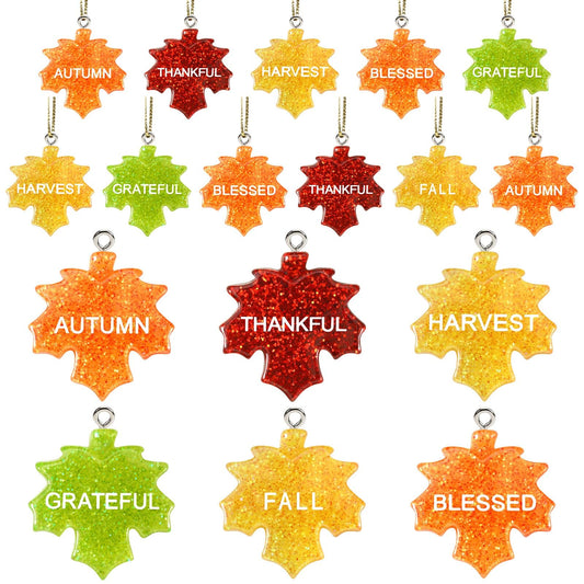 48Pcs Glitter Fall Maple Leaf Ornaments Resin Thanksgiving Hanging Ornaments for Small Tree Autumn Harvest Hanging Pendants Charms with String for Party Favors Home Table Wall Decor