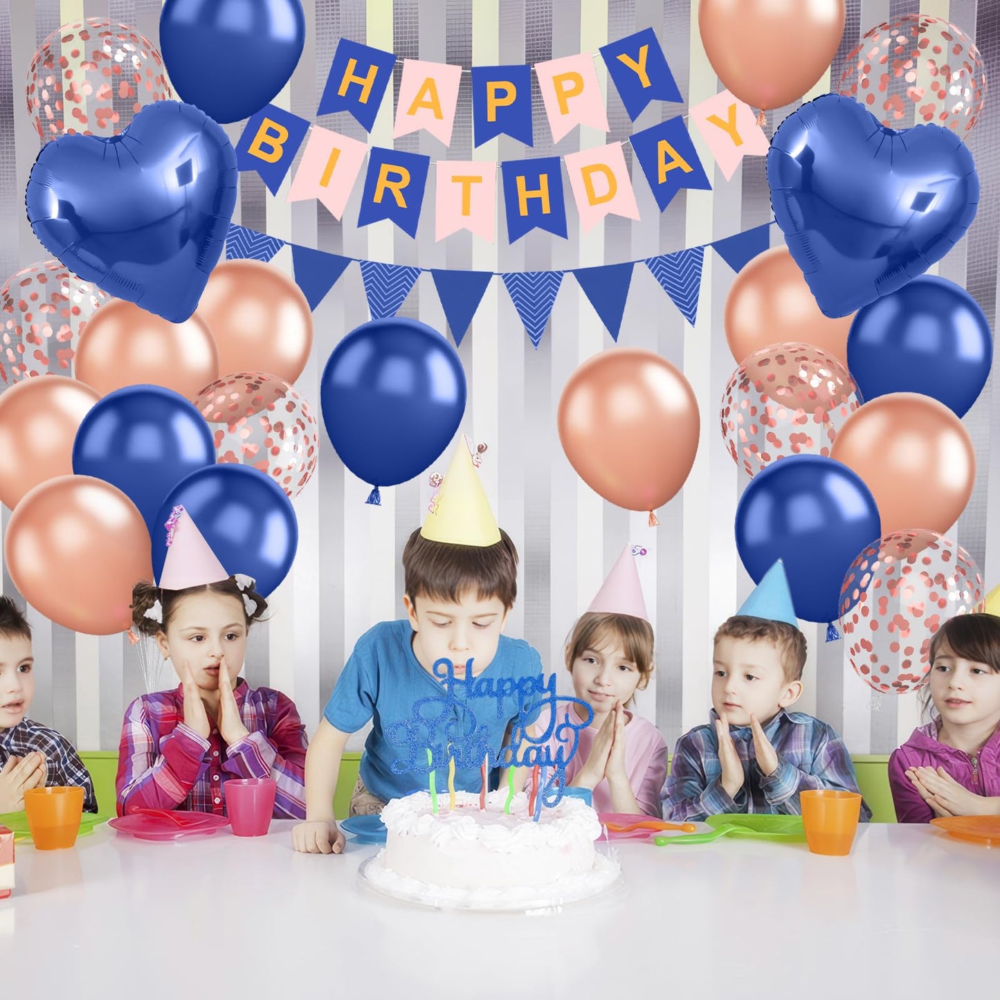 Navy Blue Rose Gold Birthday Decorations,Happy Birthday Banner Fringe Curtain Heart Foil Balloons for Women Girl Boys Men