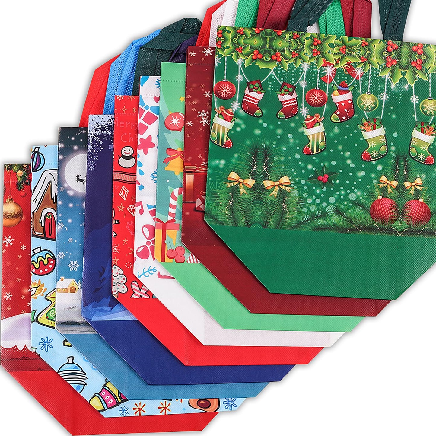9Pcs Christmas Gift Bags, Christmas Tote Bags with Handles, Reusable Non-Woven Shopping Bags for Xmas Gifts Wrapping Holiday Party Supplies, 12.8"×9.8"×6.7"