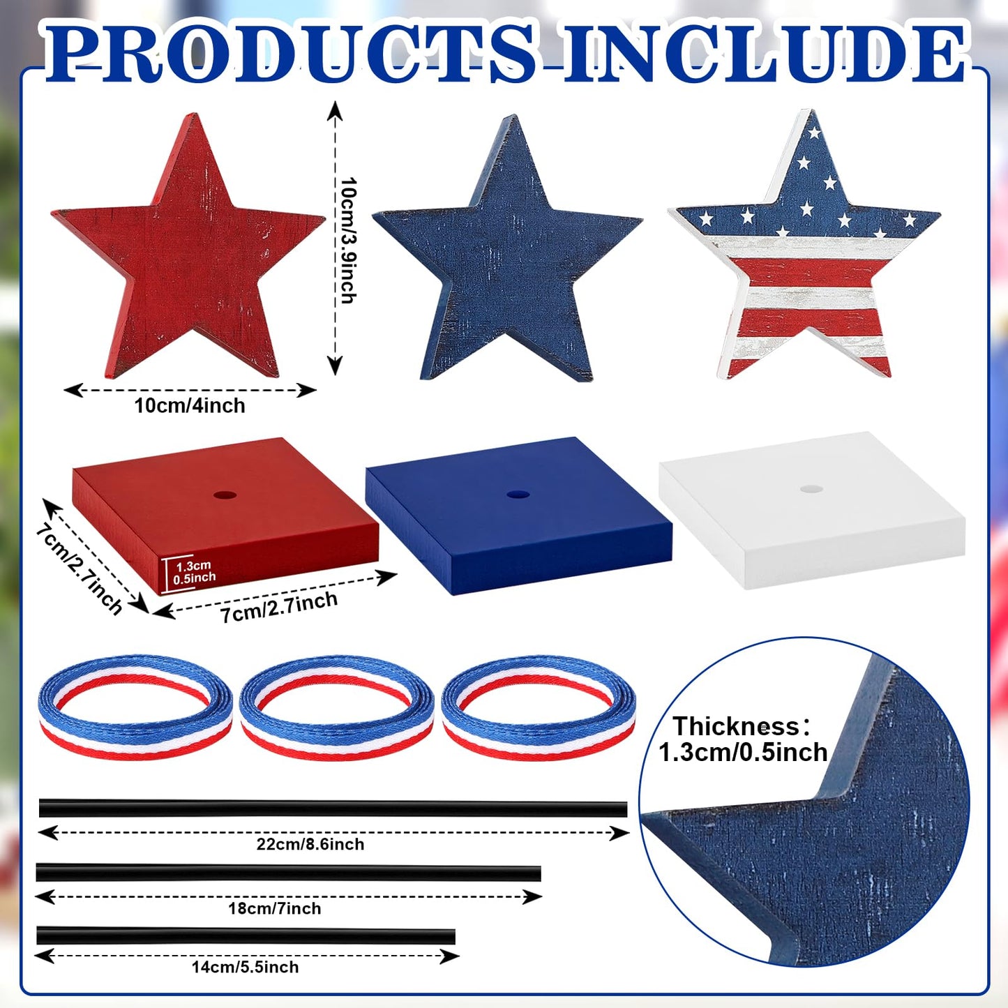Hedeey 4th of July Tiered Tray Decor Wooden Star Set, 3 Pcs Memorial Day Table Decorations, Rustic Patriotic Tabletop Home Decor, Red White and Blue Decorations for Home (Retro)