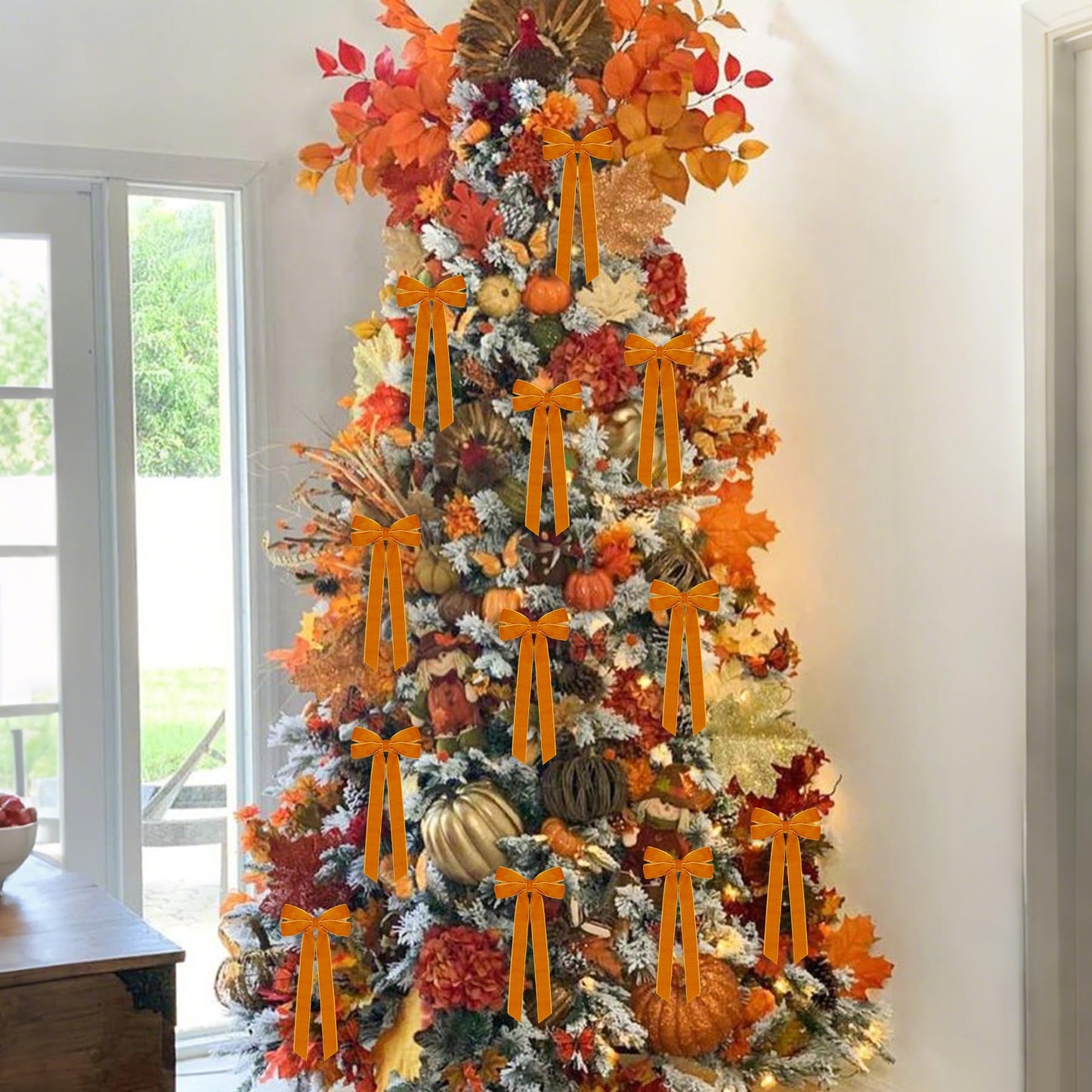 12Pcs Fall Velvet Ribbon Bows Tree Decorations,5in x 10in Orange Christmas Ornaments for Tree Home Thanksgiving Party Front Door Wreath Holiday Decor