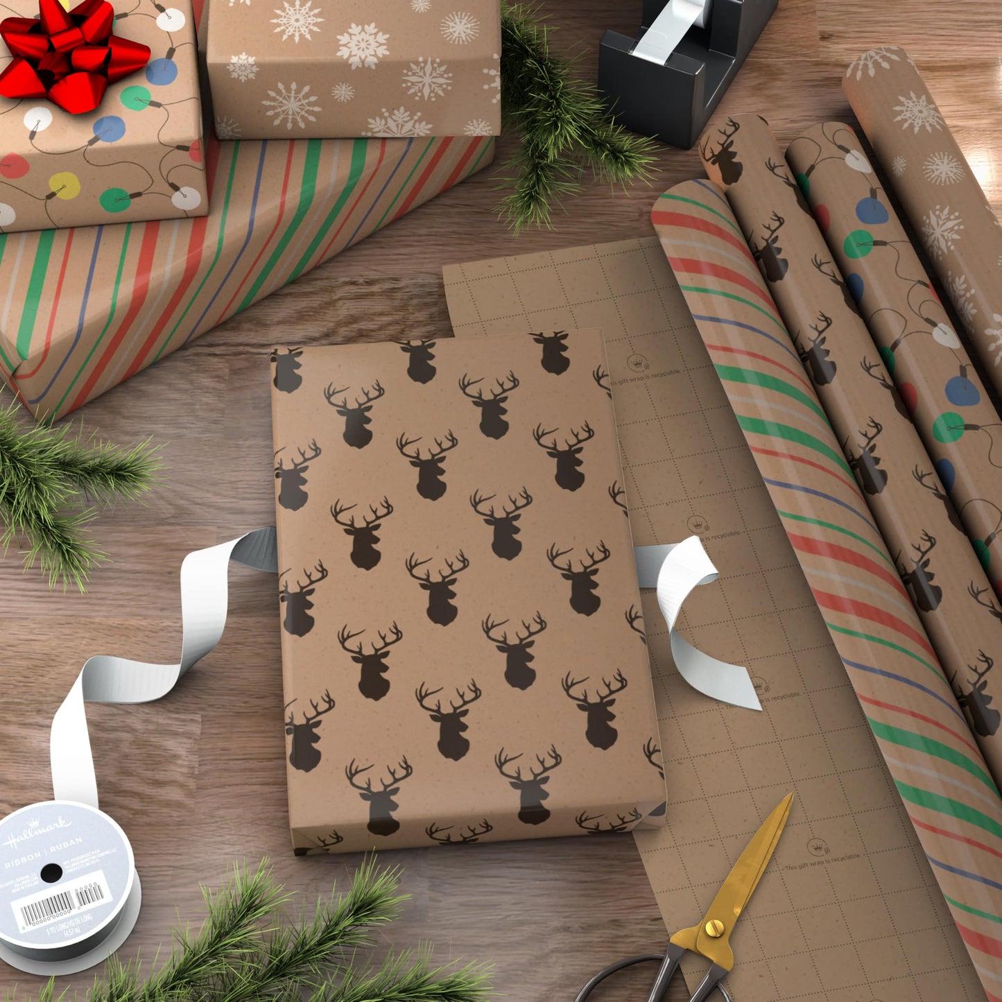 Recyclable Christmas Wrapping Paper for Kids with Cut Lines on Reverse (4 Rolls: 88 sq. ft. ttl) Kraft Brown with Christmas Lights, Deer, Snowflakes, Red, Green, Blue Stripes (0005JXW1212)
