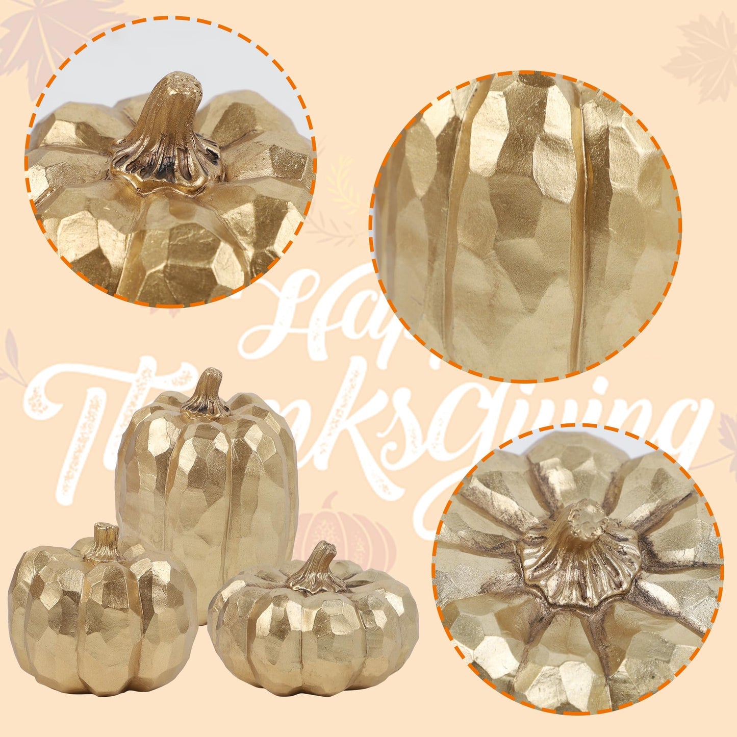3 Pack Gold Pumpkins Thanksgiving Decorations- Fall Decor for Home, Table, Fireplace Mantel, Office, Elegant Decorative Pumpkin Autumn Indoor Decor