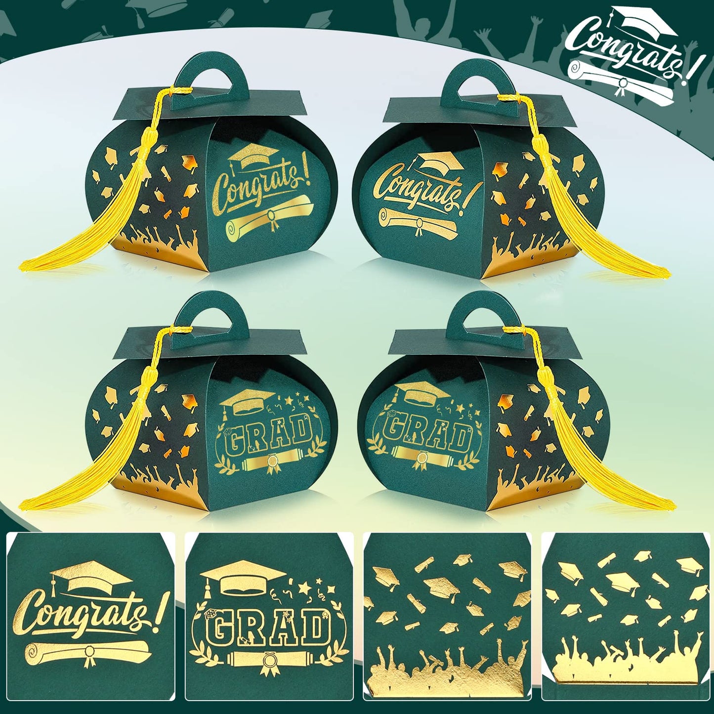 Spakon 30 Pcs Graduation Cap Gift Box Graduation Party Favors Candy Boxes Treat Box with Tassel Table Centerpieces Class of 2026 Grad Decorations(Green, Gold)