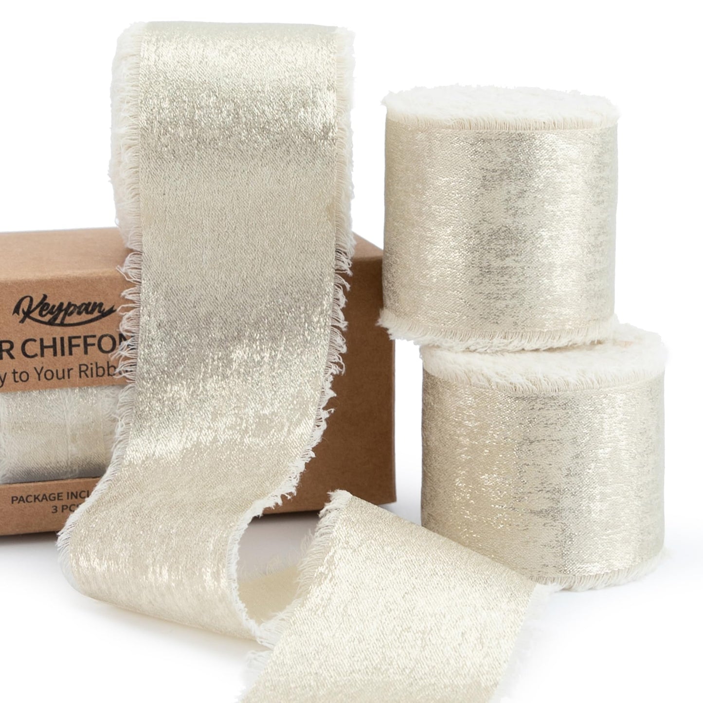 Champagne Gold Ribbon, Shimmery Chiffon Silk Ribbons Frayed Edge for Bridal Flower Bouquet Gift Wrapping Wedding Invitations Decor DIY Crafts 1.5" x 15 Yard 3 Rolls