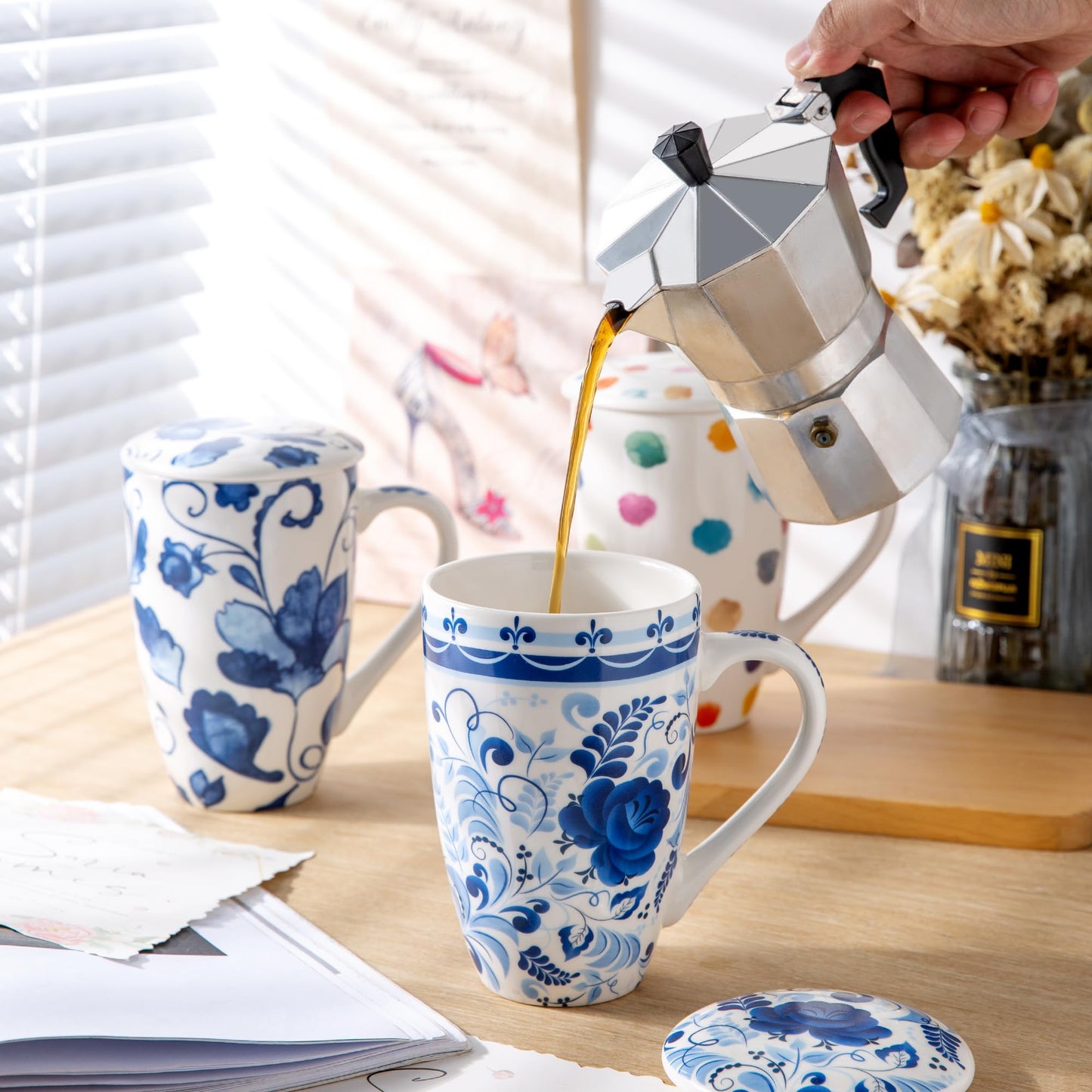 Tea Mug with Infuser and Lid, 18 Ounce Large Ceramic Loose Leaf Cup, Microwave, Dishwasher Safe, Perfect for Tea Lovers