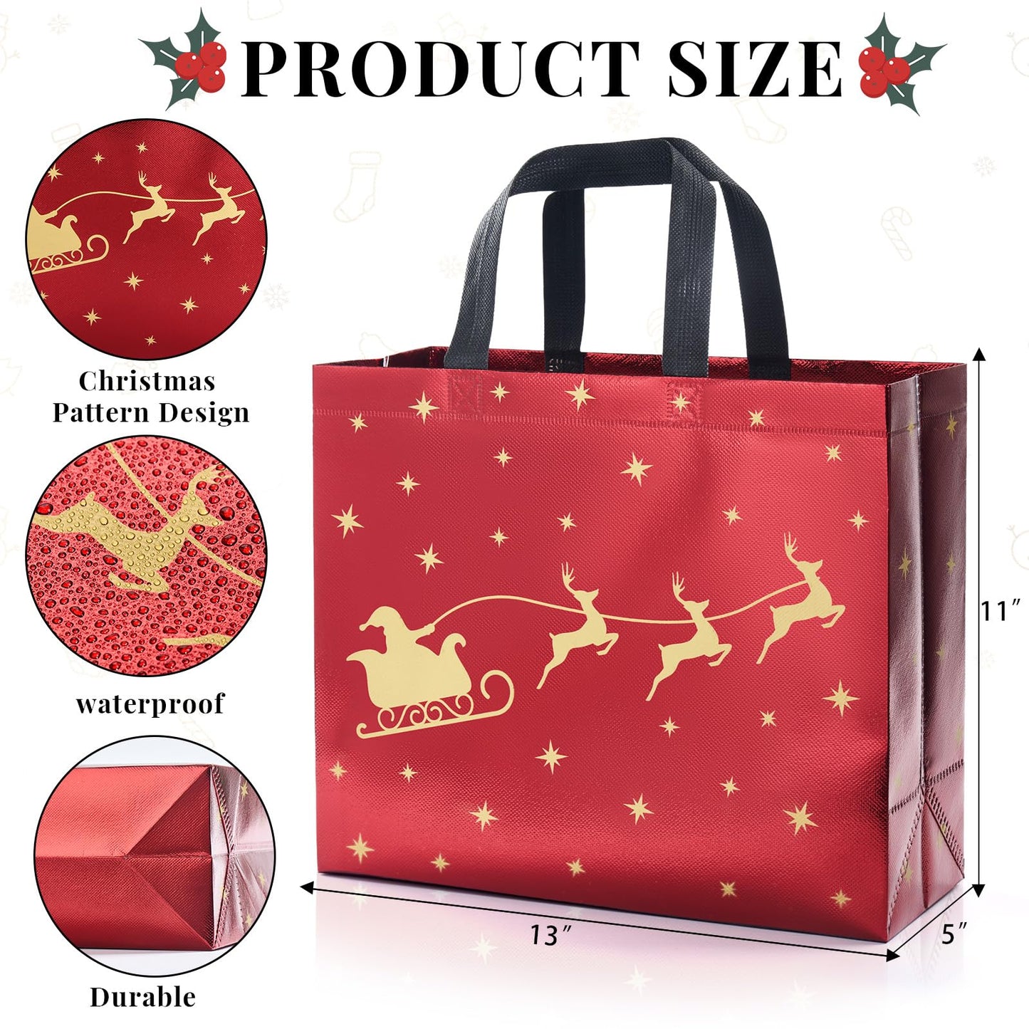 16 Pack 13" Large Christmas Gift Bags With Tissue Paper, Reusable 4 Unique Designs Christmas Bags with Handle for Gifts Wrapping Shopping Xmas Party Supplies(13" x 11" x 5")