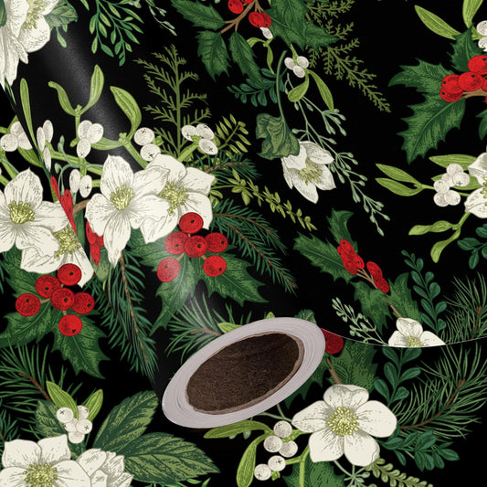 Christmas Wrapping Paper - Mini Roll - 17 Inch x 33 Feet - White Floral Wrapping Paper with Green Leaves and Red Berries for Xmas Holiday, Party Celebration