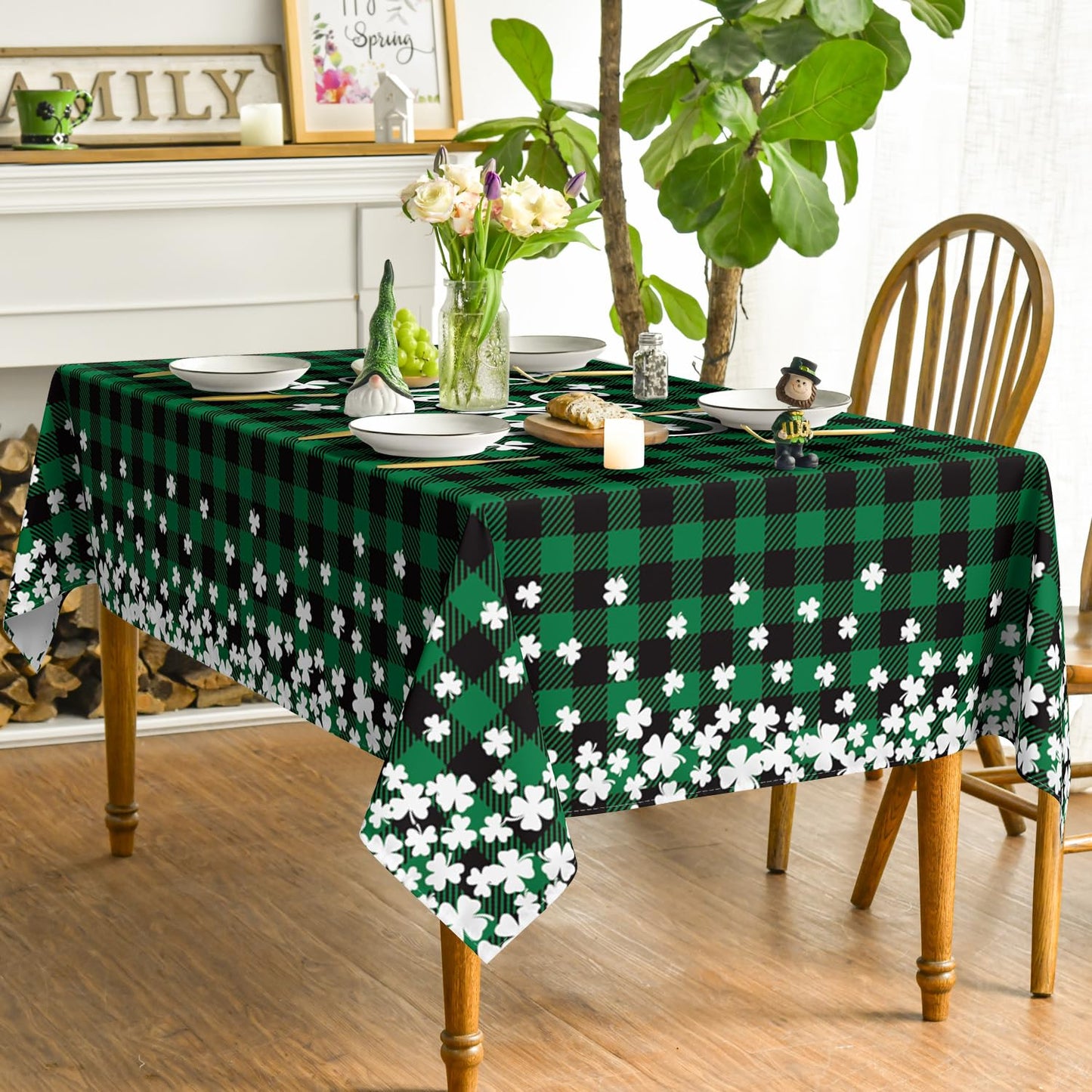 St. Patrick's Day Rectangular Tablecloth 60×84 Inch, Buffalo Plaid Shamrock Lucky Washable Table Cover for Party Picnic Dinner Decor