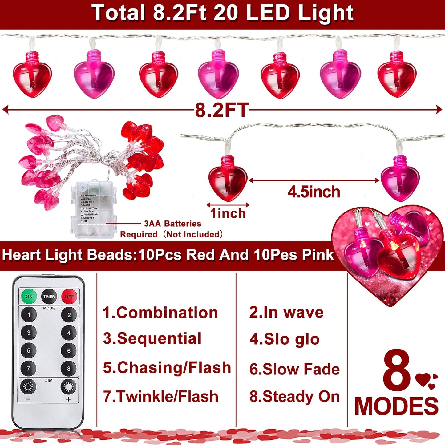 Valentines Day Decorations Heart String Lights Valentines Decor, 8.2FT 20LED Red Pink Heart Garland Light Timer 8 Modes Remote Control, Battery Operated Valentine Lights Home Indoor Outdoor Wedding