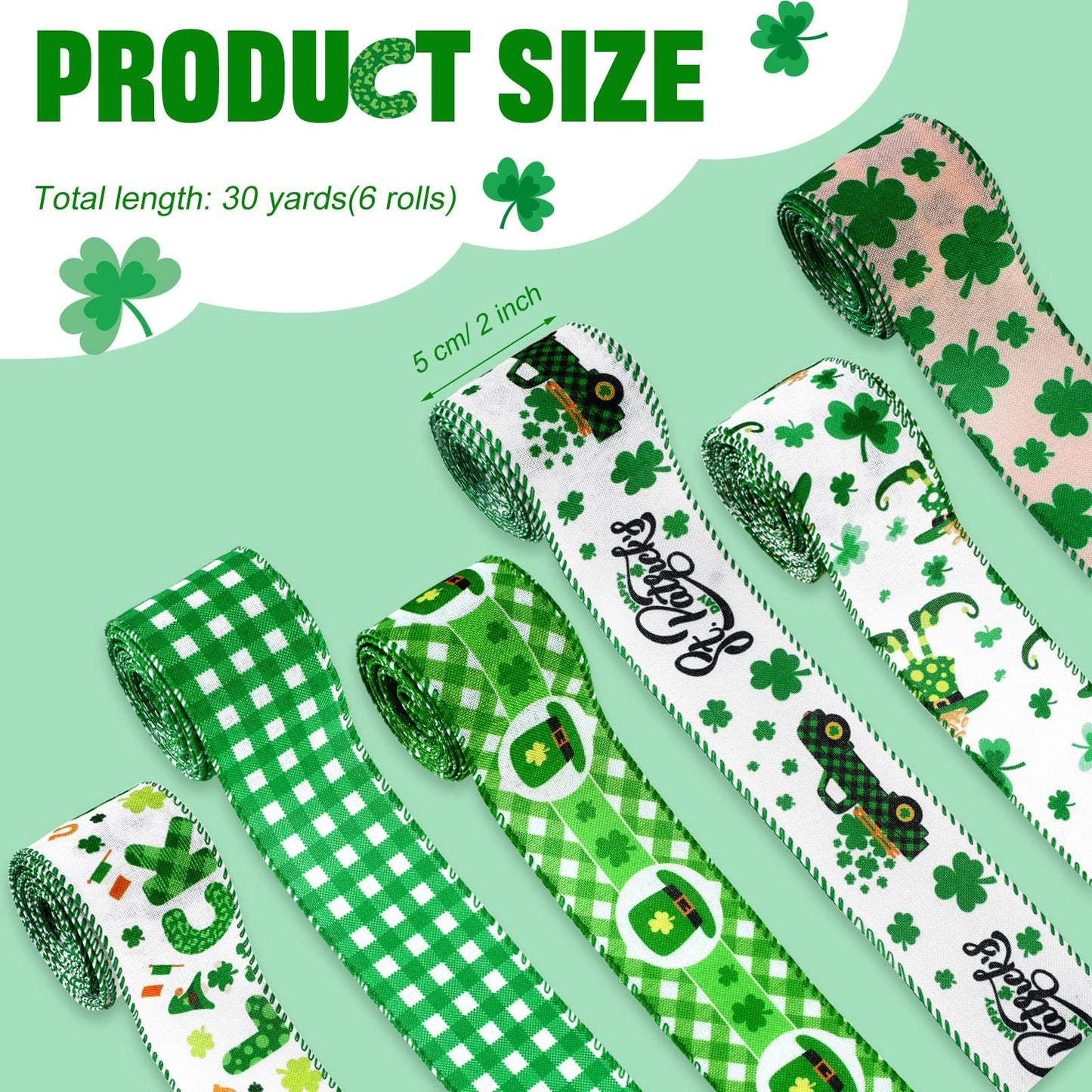 6 Rolls 30 Yards St. Patrick's Day Ribbon Wired Buffalo Plaid Checkered Craft Irish Green Shamrock Truck Fabric Ribbon for Party DIY Crafts 2 Inch (Shamrock)
