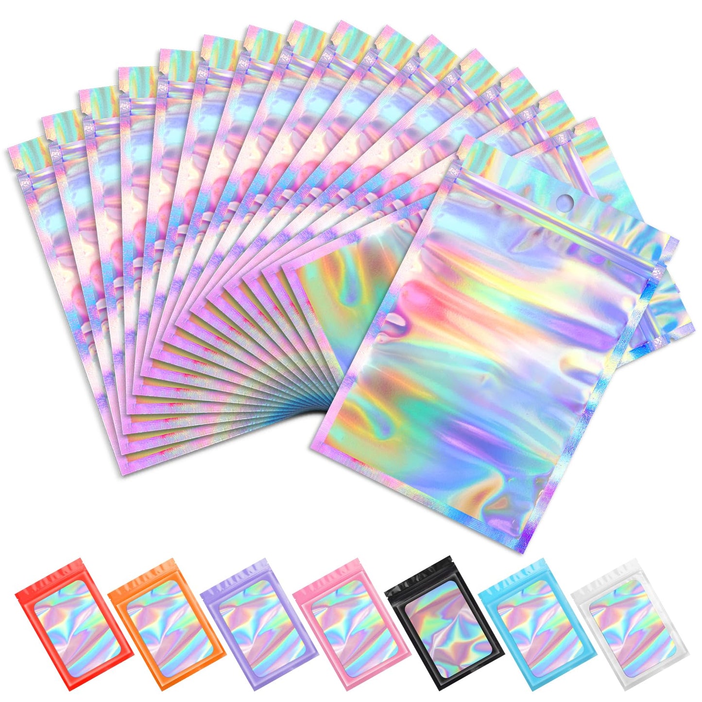 Funfery 100 pcs Mylar Holographic Bags Packaging Bags,Clear Resealable Bag Foil Pouch Bag for Party Favor,Goodies,Treat,Cards,Food Storage Baggies Packaging for Small Business(4x6in,Holographic)