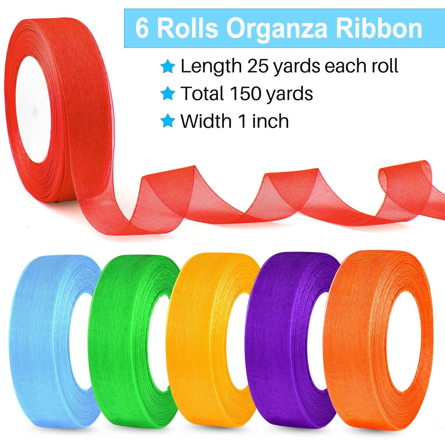 6 Rolls Organza Ribbon Sheer Chiffon Ribbon Transparent Chiffon Ribbons for Christmas Valentine's Day Gift Wedding Birthday Bouquet Garland Bow Making (25 Yards x 6 Rolls, Rainbow Series)